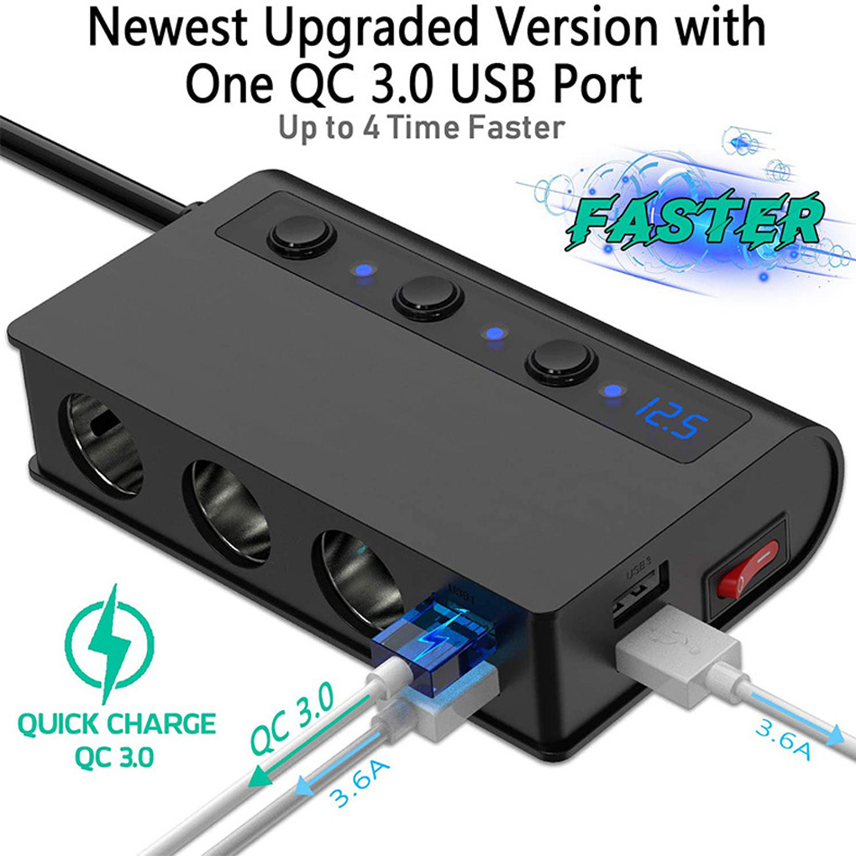 180W 담배 라이터 스플리터 카 충전기 충전기 퀵 충전 QC3.0 어댑터 12V/24V 4 포트 USB 충전 소켓