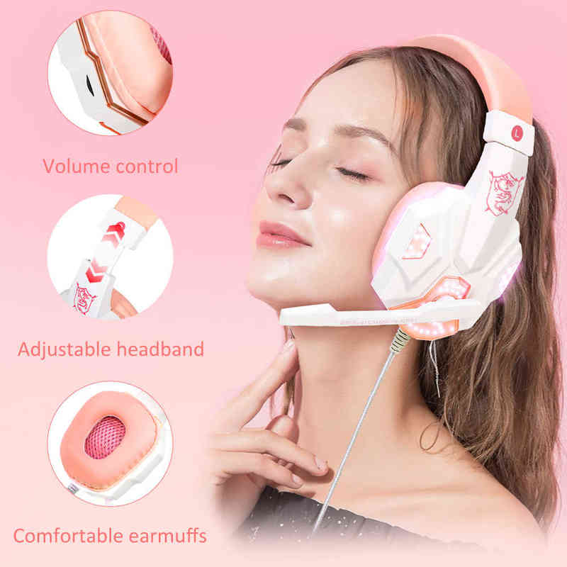 Headsets LED Headset Gamer Girl Wired Headphones With Microphone Noise Cancelling Over Ear Sport Earphones Gaming Headset for Video Game T220916