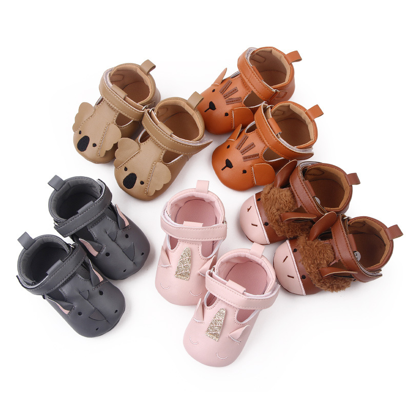Zapatos para bebés, primeros andadores, zapatos de suela para bebés con dibujos de animales de PU para recién nacidos, zapatillas antideslizantes para niños pequeños