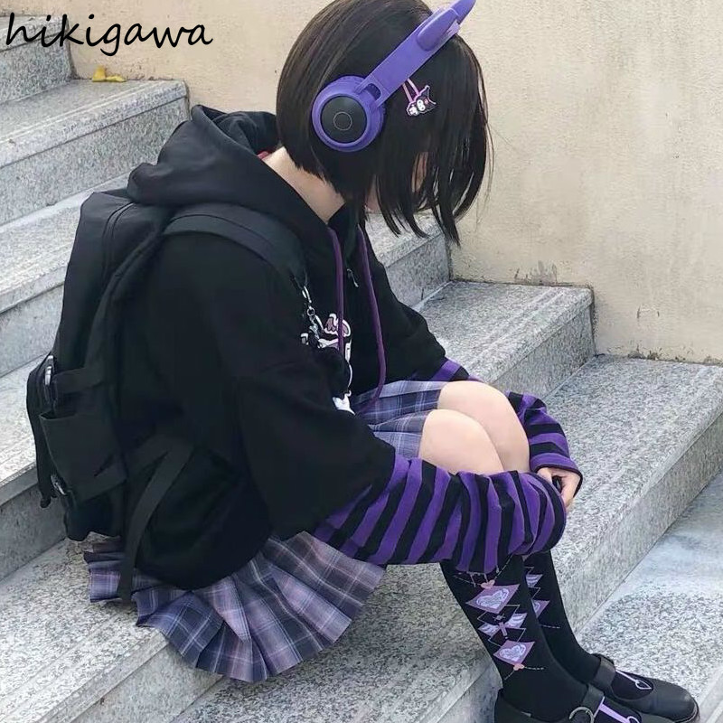 Sweats à capuche pour femmes Sweatshirts Hikigawa Sweat à capuche faux deux pièces sweat à capuche rayé patchwork sweats à capuche femmes vêtements pour adolescents Y2K Anime Harajuku hauts noirs 220919