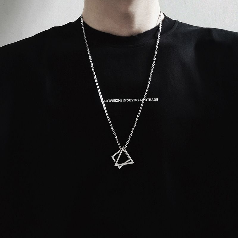 Trendy Interlocking Square Triangle Pendant For Men Stainless Steel Geometric Stacking Streetwear Hip Hop Rock Necklace