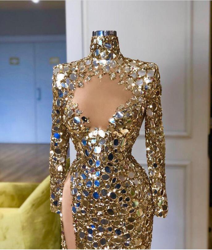العربية Aso Ebi Gold Sected Mirror Prom Dresses Long Sleeves High Split Evening Party Party Second Dression Dress