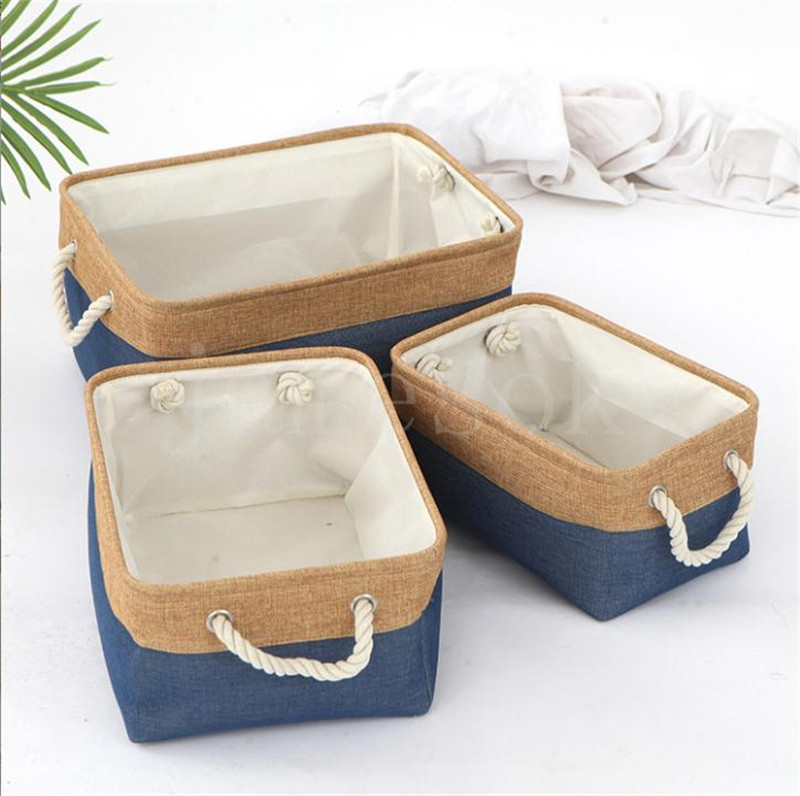 Double color Splicing Sundries storage basket Folding fabric storage-basket Cotton linen storages sorting box de768