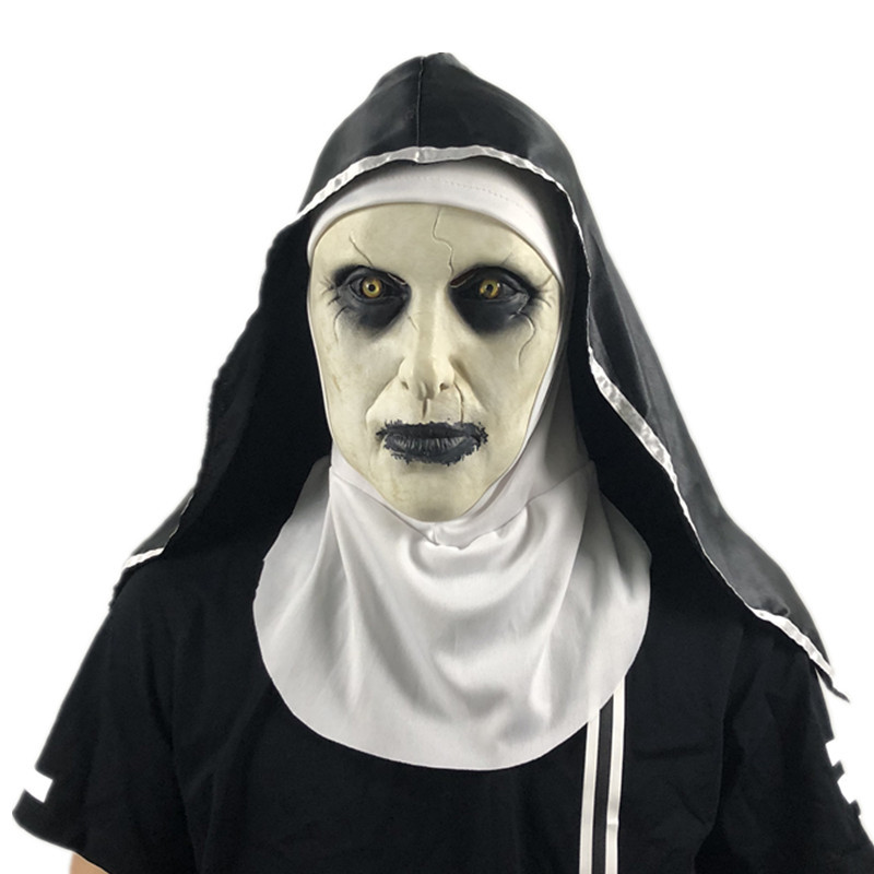 The Horror Scary Nun Máscara de látex Pañuelo Valak Cosplay para disfraces de Halloween Máscaras faciales con tocado HH22-299