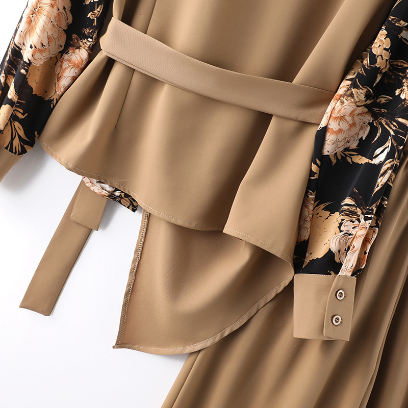 2022 Autumn Black / khaki Ploral Print اثنين من السراويل مجموعات طويلة الأكمام من طية صفراء بلوزة طويلة السراويل الطويلة.