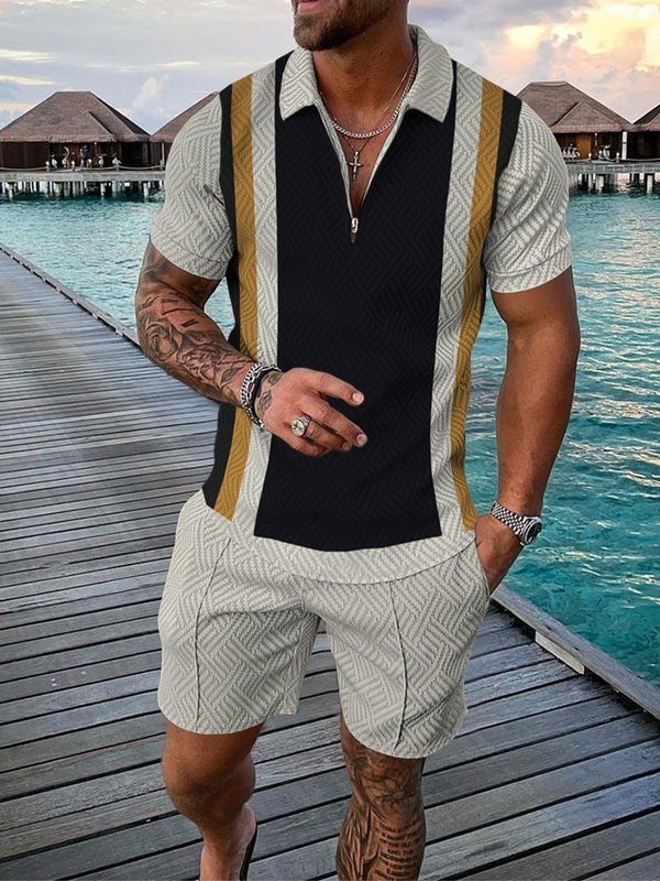 Herrspårspår 3D Färgstygn Print Summer Short Sleeve Polo Shirt Shorts Fashion Zipper Two Piece Set 220919