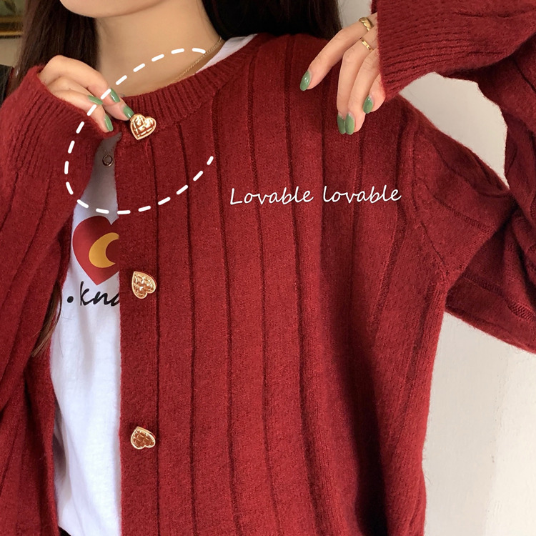 Kvinnor S KNITS TEES KAWAII KVINNA Ströjor Sticked Cardigan Winter Korean Fashion Söta hjärtknappar Långärmad Bourgogne Röd Vit tröja Toppar 220919