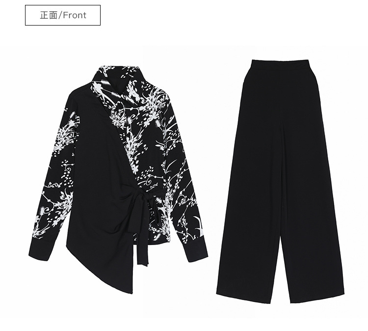 2022 Sonbahar Siyah / Khaki Çiçek Baskı İki Parçalı Pantolon Setleri Uzun Kollu Yakası Boyun Panelli Bluz Uzun Pantolon Set 22S157787