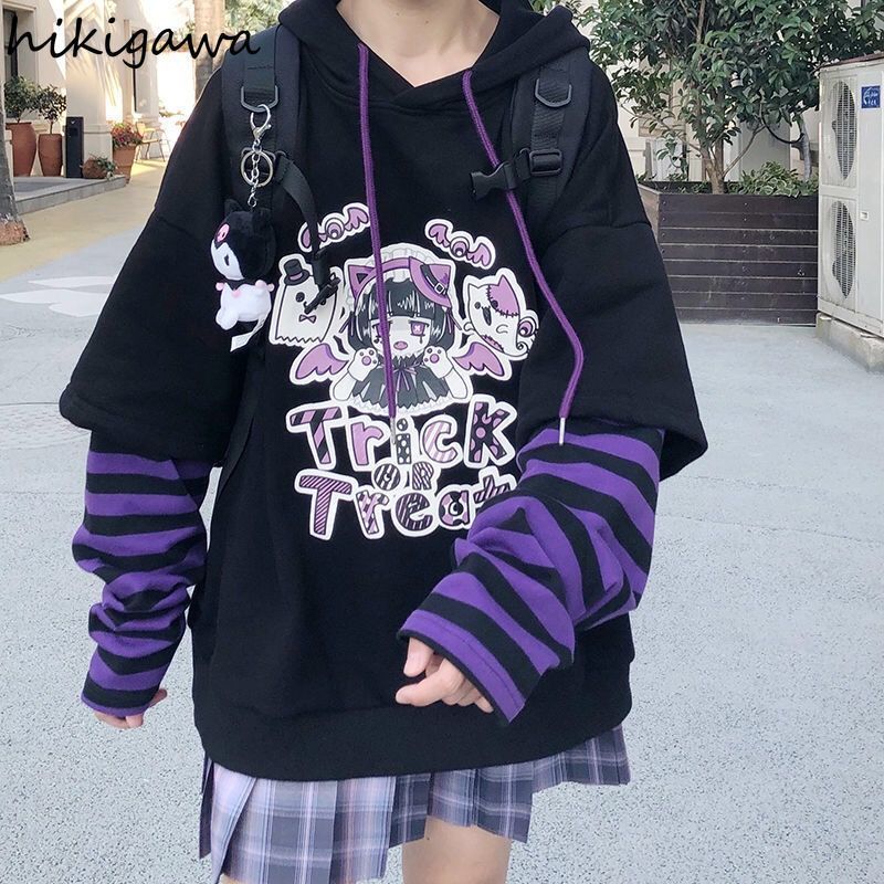 Kvinnors hoodies tröjor Hikigawa hoodie falska tvådelar huva tröja randiga lapptäcke huvtröjor kvinnor kläder för tonåringar y2k anime harajuku svarta toppar 220919