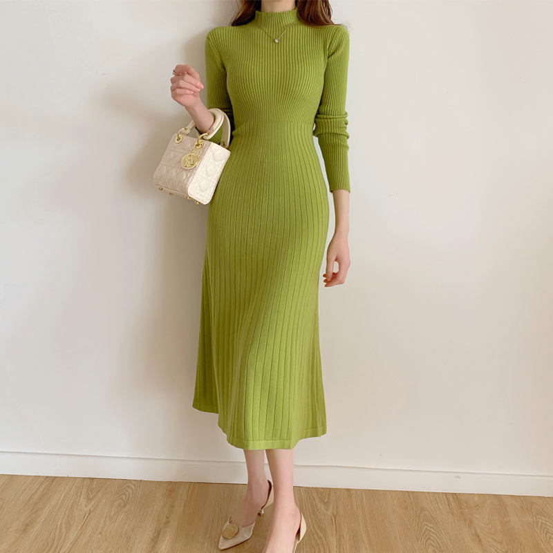 Casual Dresses Autumn Winter Long Sleeve Party Dress Women Knapp Sticked Midcalf Half High Collar Elegant tröja Damer 220919