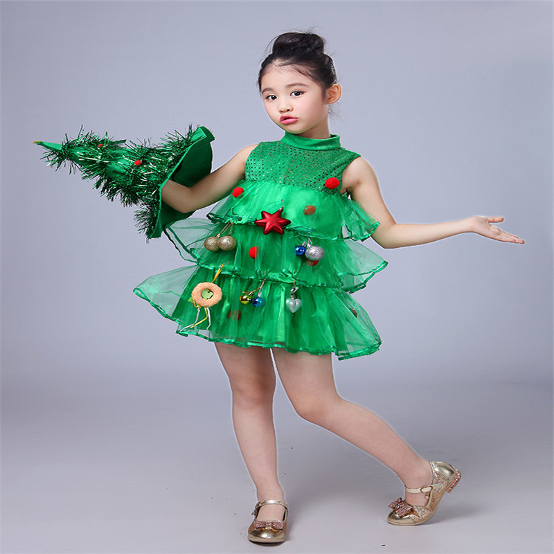 Christmas Baby Girls Clothes Set Green Spirit Kindergarten Performance Clothes Costume Hat och Xmas Tree Dresses 2st Set Kids Clothing