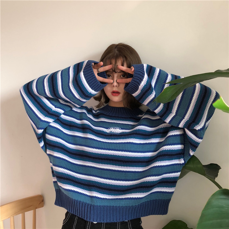 Women's Sweaters Clarissa Sweater Blue White Striped Oversized Jumper Embroidered Mock Neck Cropped Pullovers Harajuku 220919