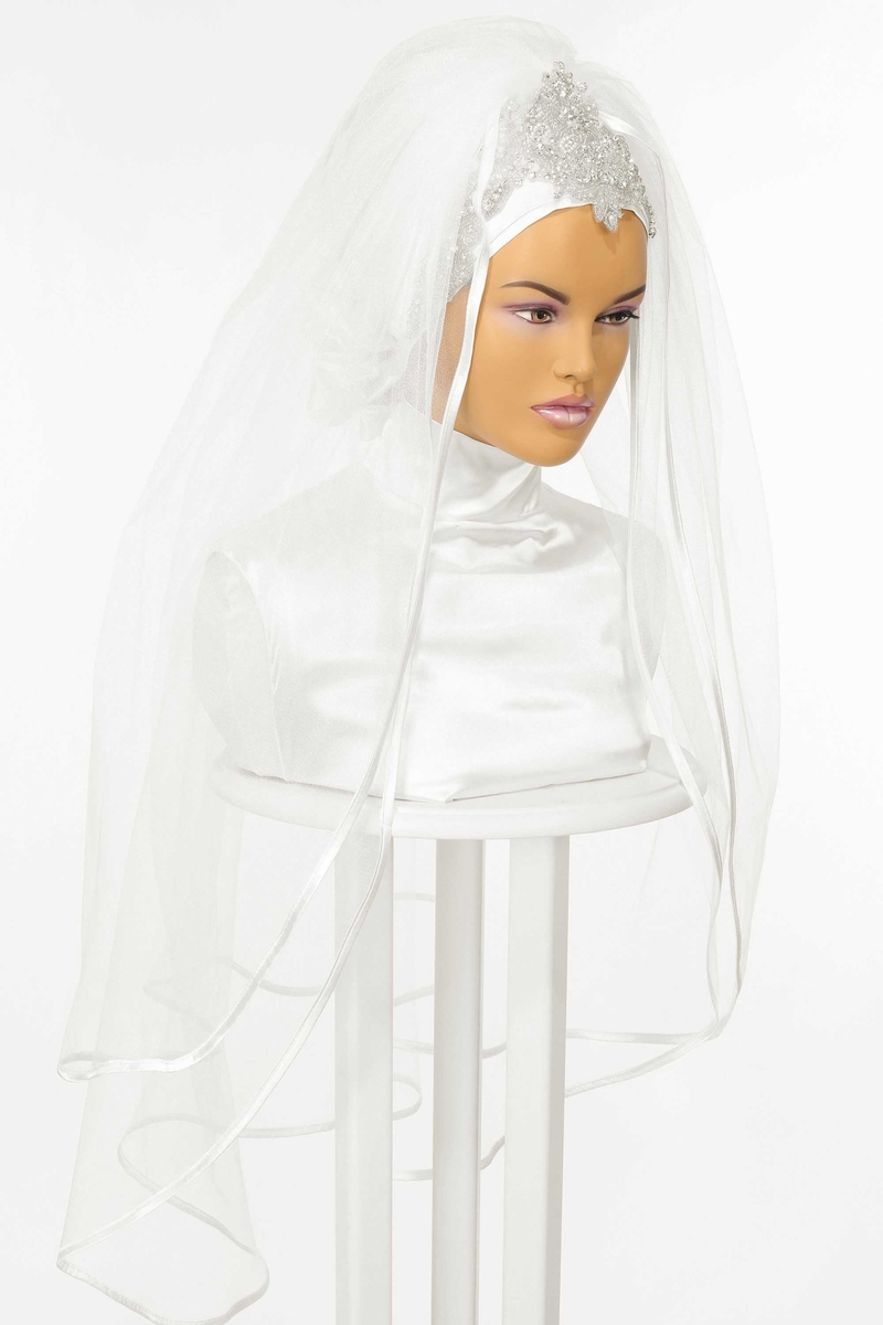 イスラム教徒の結婚式のブライダルベール2023ラインストーンクリスタルブライダルヒジャーブヘッドヘッドカバーエルボの長さ2層2層ヘッドスカーフリボンエッジアイボリーのイスラムターバン