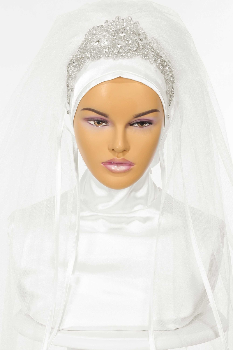 Muslimska br￶llop Brudsl￶jor 2023 Rhinestones Crystals Bridal Hijab Head som t￤cker armb￥gsl￤ngd Islamisk turban f￶r brudar 2-lagers huvudduk Randkant elfenben bling