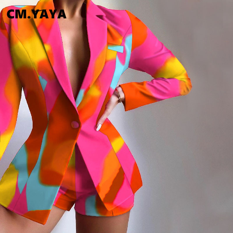 Tweede stuk jurk cm.yaya damesset elegante blazer tops en shorts suit matching 2 kantoor dame ins luipaard chian tie kleurstof outfits 220919