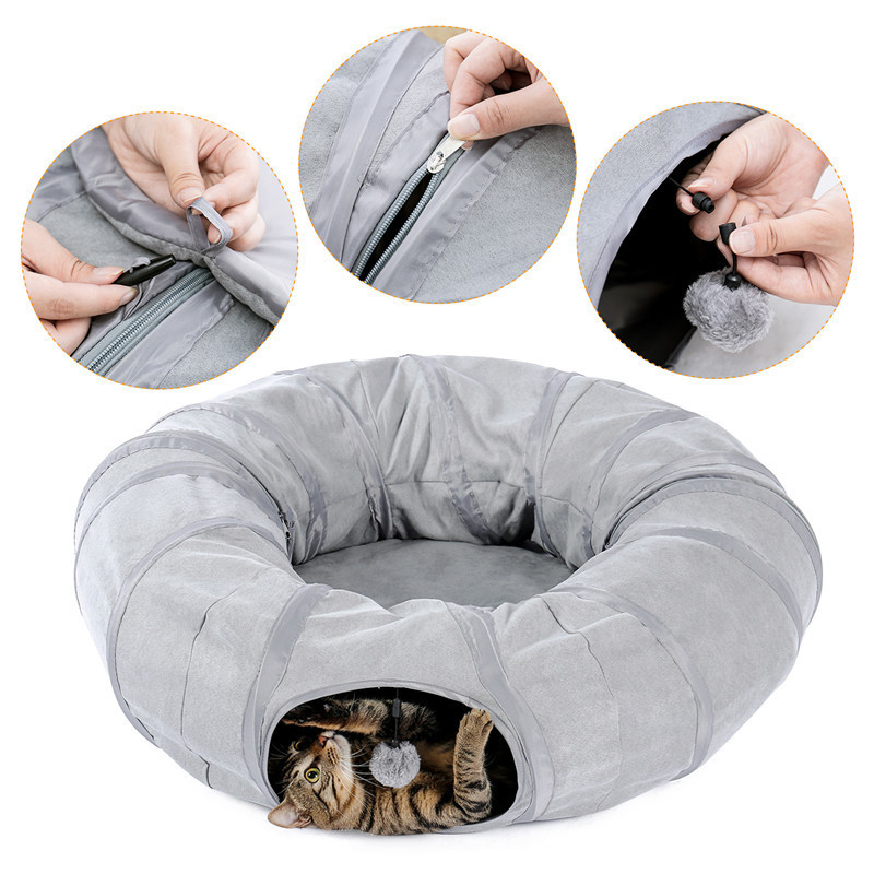 Cat Furniture Scratchers Gray Toy Foldable Crossing Tunnel long Nest Bed Environmentally Educational Pet Round Suede Breathable 220920