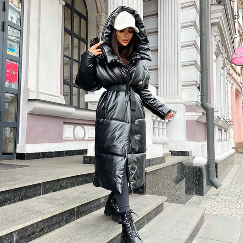 Damskie Parkas Malina Hooded Pu Fashion Tie Pasek Elegancki solidna sztuczna skóra szczupła długa bawełniana kurtki żeńskie kobiety 220919