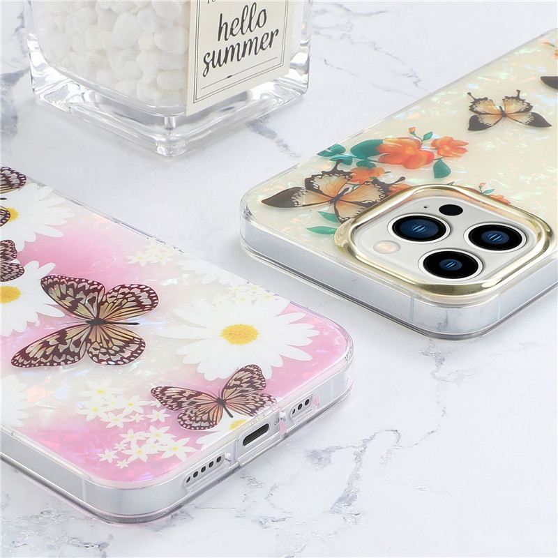 Étuis floraux galvanisés pour iPhone 15 14 plus 13 12 11 Pro Xs MAX XR X Téléphone beau placage floral étui transparent papillon couverture filles