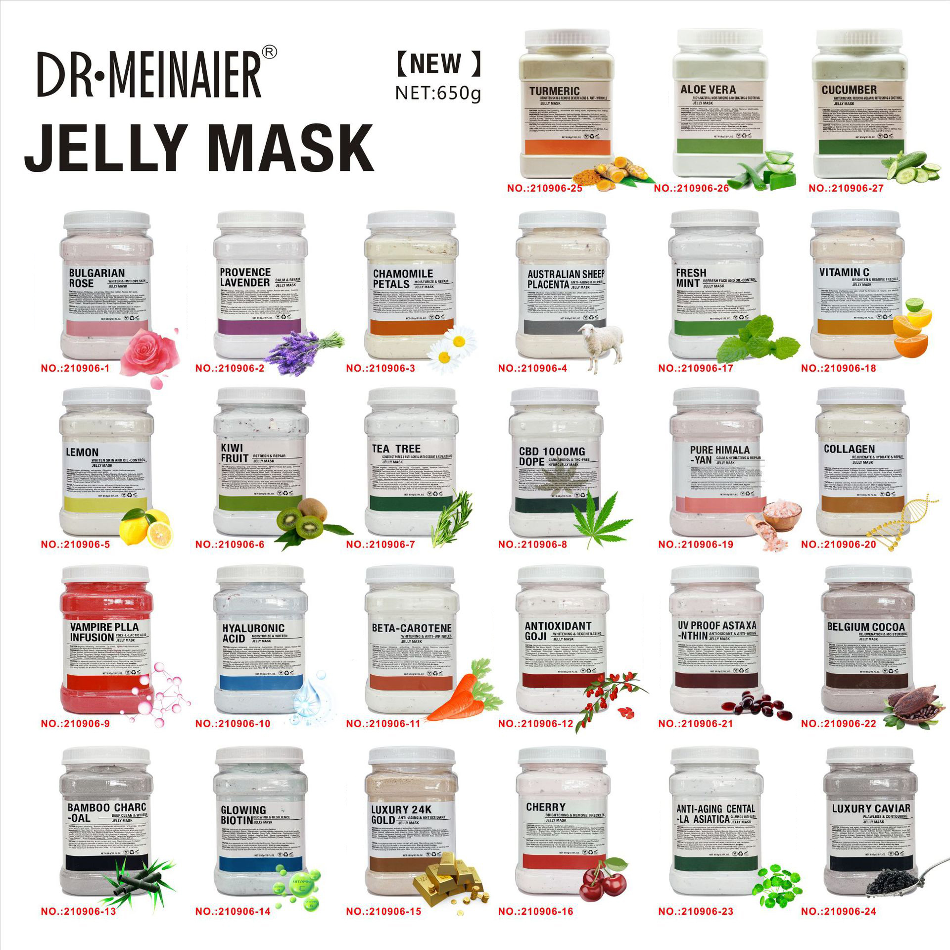 24 smaken Jelly Face Mask Organic Bright reinigingsschil van poeder Natuurlijk vochtmasker powde
