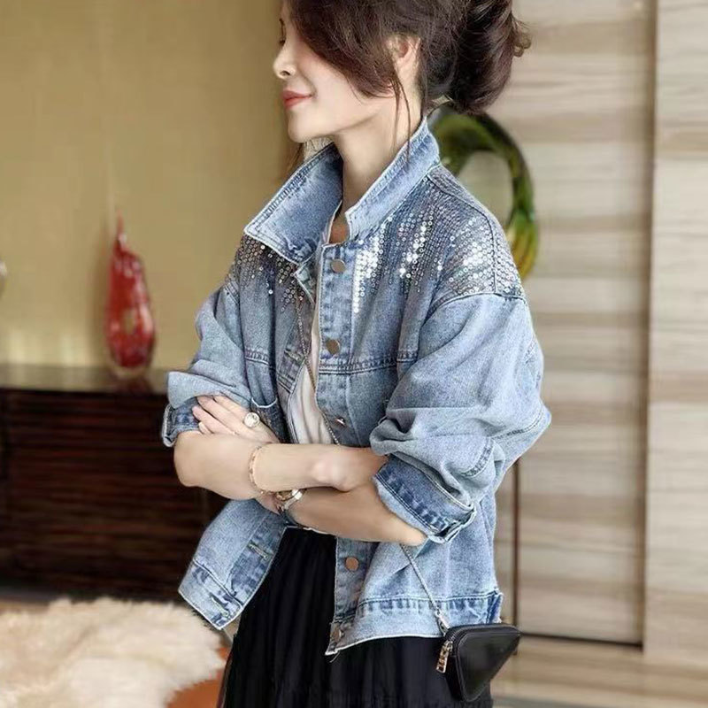 Kvinnorjackor Hole Jean Spring Short Sequin Denim Splice Autumn Female Bomber f￶r Navel 220919