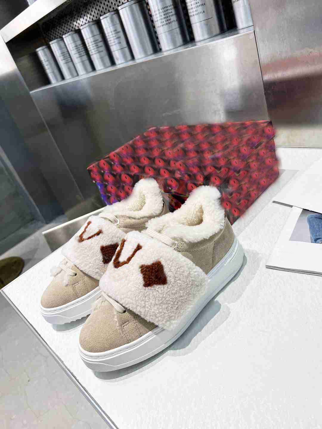 Designer thermische laarzen gelakte canvas sneakers zwart beige merk pluizige shearling laarzen 2022 nieuwe verstelbare kanten doos maten 35-41