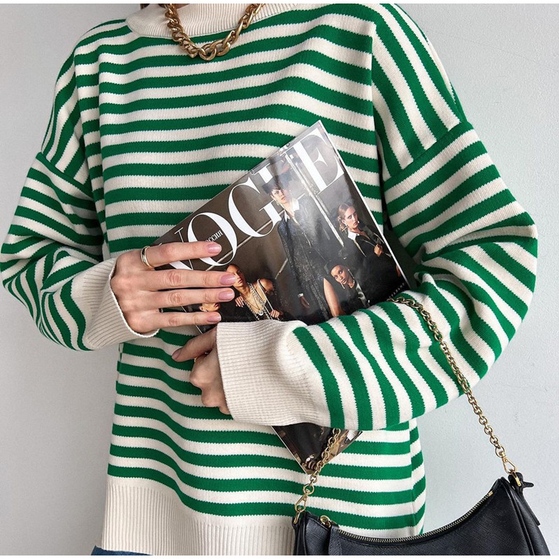 Women's Sweaters Women O Neck Vintage Striped Sweater Pullovers Casual Loose Long Sleeves Jumpers Autumn Female Drop Shoulder Kintting Tops 220920