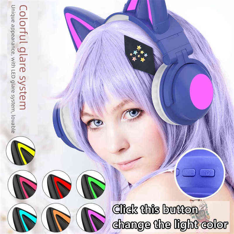 Headset 7.1 Stereo Cat Ear Gaming -hörlurar med mikrofonkontroll RGB -lampor Färg Gamer Gamer Headset Bluetooth för telefondator T220916