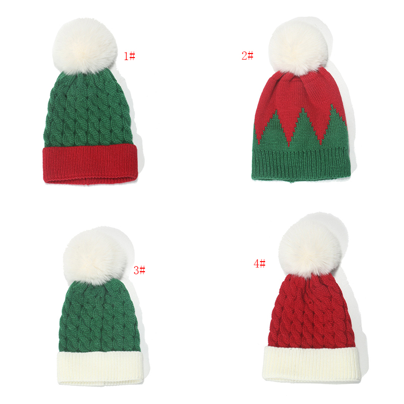 Gebreide winterhoed kinderen groen rode stiksel wollen pet warme bont kogel koude hoeden kinderen kerst pluche pom-pom beanie hoed