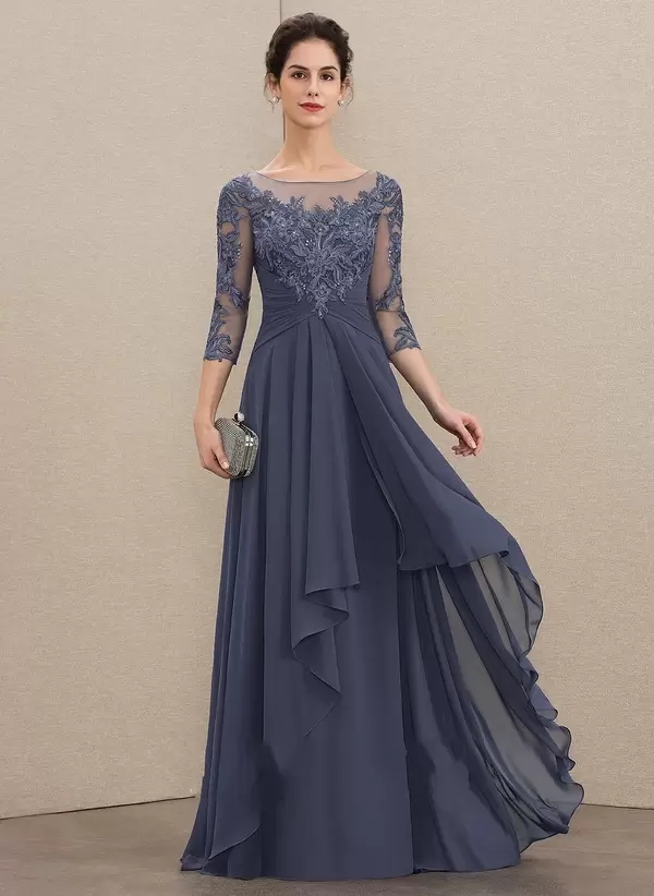 2023 eleganti abiti da sera blu scuro a-line scollo rotondo pavimento-lunghezza in chiffon di pizzo abito la madre della sposa con volant a cascata abiti la madre taglie forti BC13094 GB0920