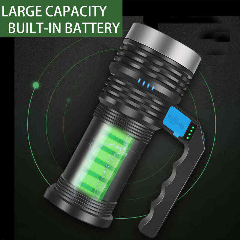 Puissante lampe de poche LED portable P500 torche USB rechargeable intégrée lumière de recherche projecteur étanche lanterne de pêche J220713