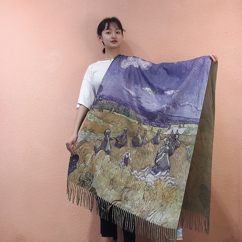 Halsdukar van Goghs oljemålning Cashmere Scarf Women Winter Coffee House Print Wool Shawls and Wraps Ladies Cape Filt 220920