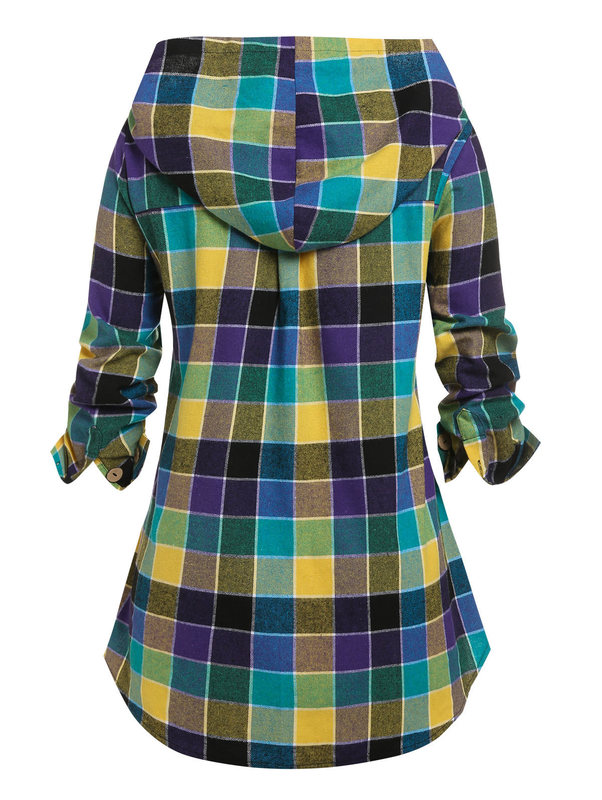 Damesjassen lange mouw plaid hoodie button down blouse tops hoog laag 2 in 1 top met kap 220919