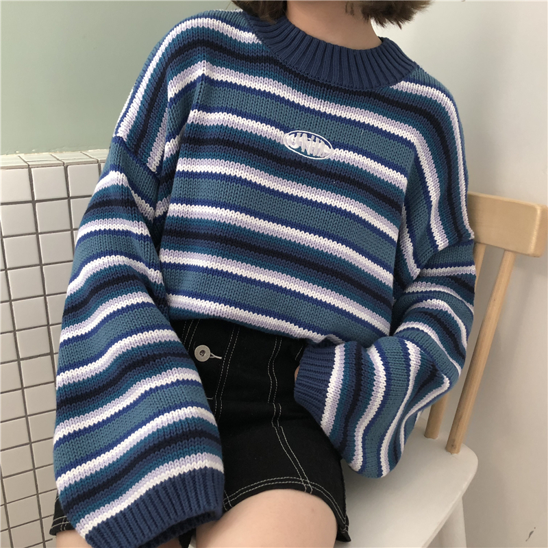 Women's Sweaters Clarissa Sweater Blue White Striped Oversized Jumper Embroidered Mock Neck Cropped Pullovers Harajuku 220919