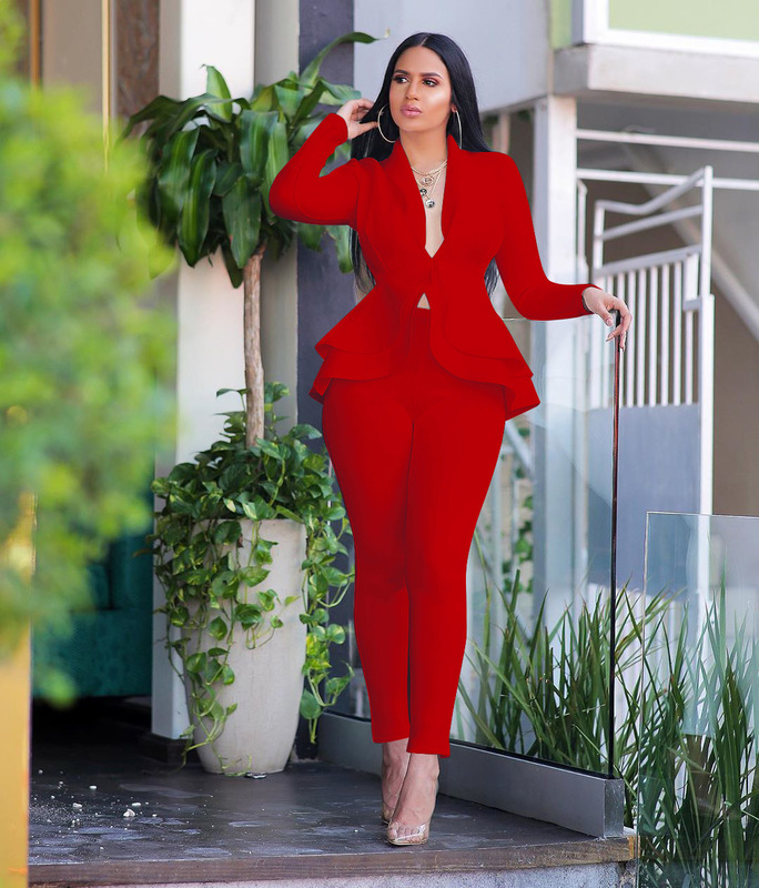 Women's Two Piece Pants Women Winter set Tracksuit Full Sleeve Ruffles Blazers Suit Set Office Lady business wear uniform GL610 220919