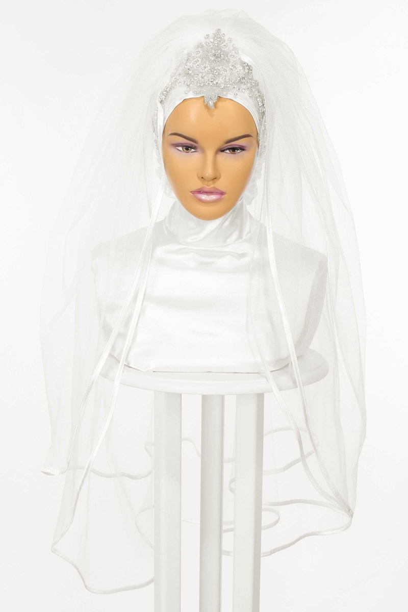 Moslim bruiloft Bridal Veils 2023 Rijnkristallen kristallen bruids hijab hoofd bedekken ellebooglengte islamitische tulband voor bruiden 2-laags hoofddoek lint rand ivoor