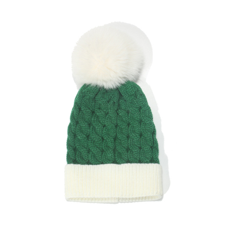 Stickad vinter hatt barn grön röd sömnad ull mössa varm päls boll kall hattar barn jul plysch pom-pom beanie hatt