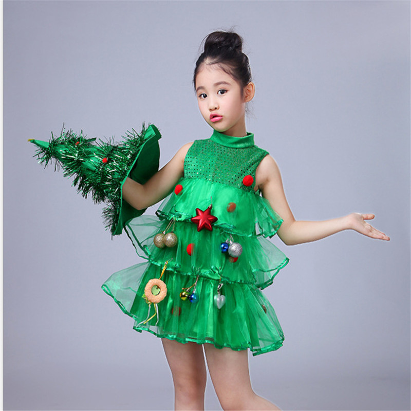 Noël Bébé Filles Vêtements Ensembles Esprit Vert Maternelle Performance Vêtements Costume Chapeau Et Arbre De Noël Robes Ensemble Enfants Vêtements