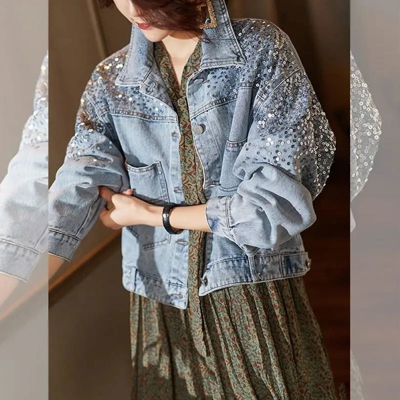 Kvinnorjackor Hole Jean Spring Short Sequin Denim Splice Autumn Female Bomber f￶r Navel 220919