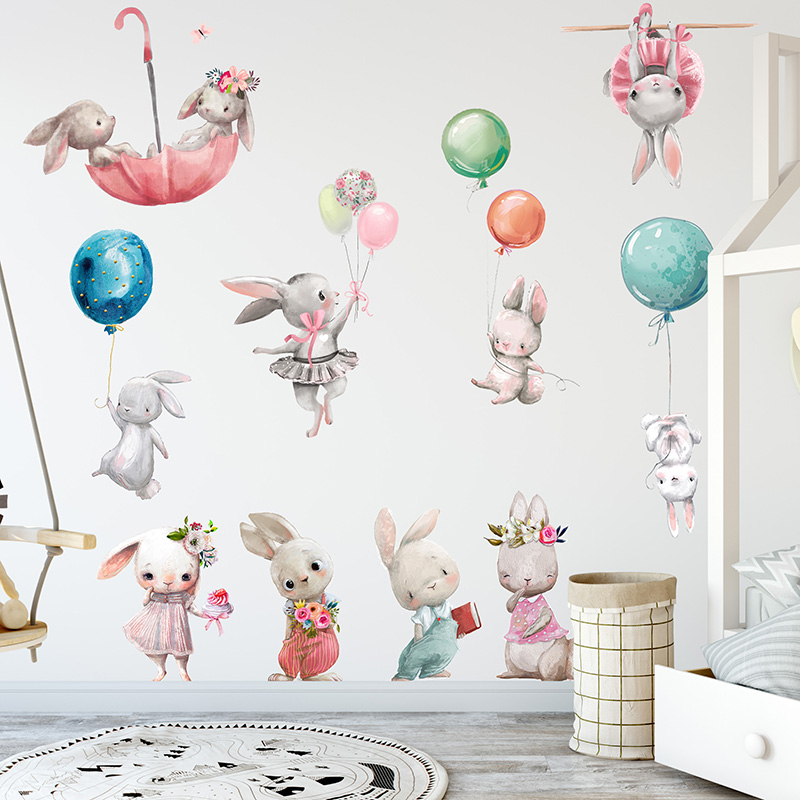 Dekorationsplakate Aquarell Cartoon Bunny Wand Baby Kinderzimmer Wandtattoos für Kinder Wohnzimmer Schlafzimmer Hausdekoration Kaninchen PVC