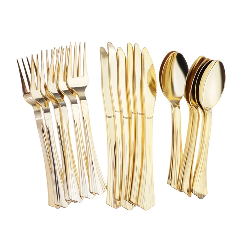 Gold/Silver Disposable Dinnerware Plastic Forks Tableware Dessert Knives Forks Spoon Cutlery Set Wedding Birthday Party Decor Supply