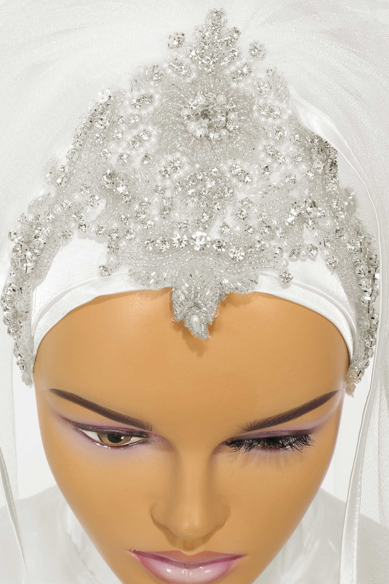 Moslim bruiloft Bridal Veils 2023 Rijnkristallen kristallen bruids hijab hoofd bedekken ellebooglengte islamitische tulband voor bruiden 2-laags hoofddoek lint rand ivoor