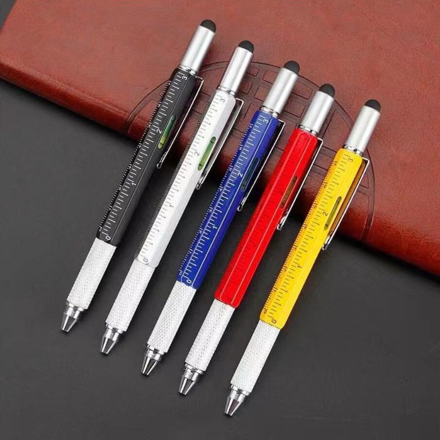 6 In1 multifunctionele balpen met moderne handheld tool meet technische heerser schroevendraaier touchscreen stylus spirit niveau