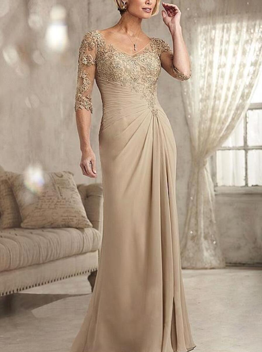 2023 Pärledspets Mor till brudklänningarna Champagne plus storlek Chiffon Half ärms Brudgum Godmother Evening Dress for Wedding BC3518975