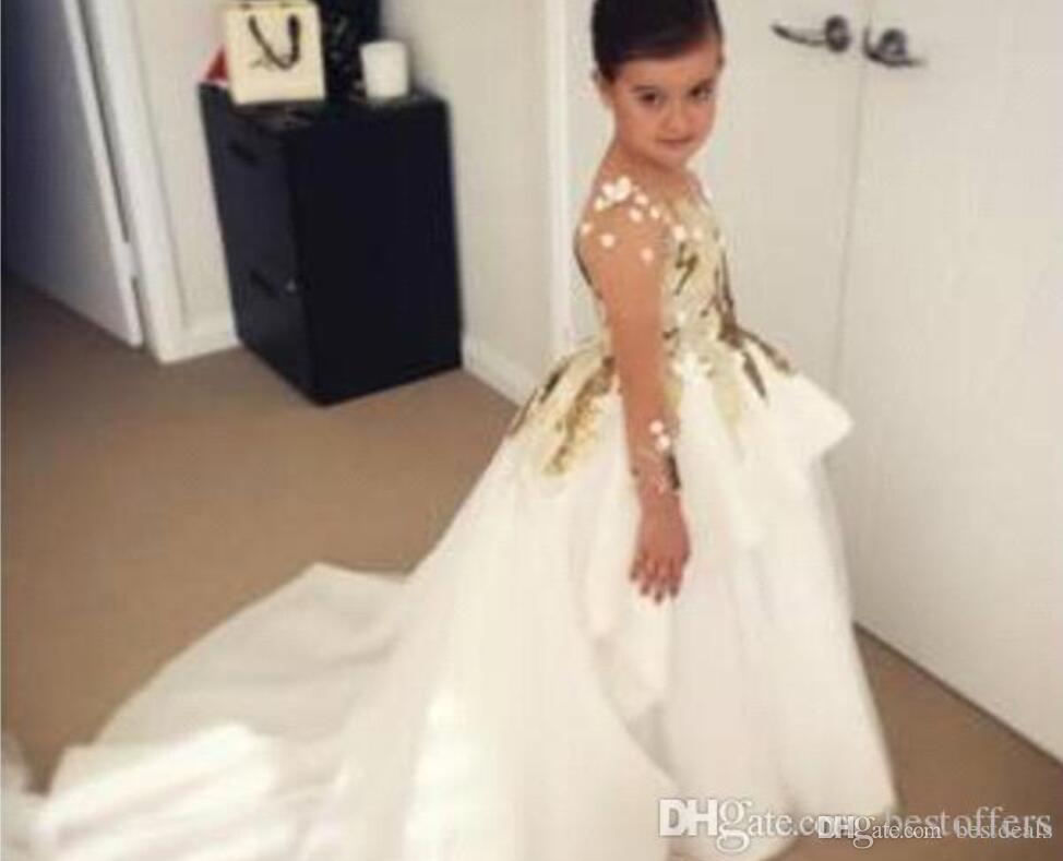 New Design Flower Girls Dresses 2023 For Weddings Long Sleeves Gold Sequins Pageant Party Gowns First Communion Dress For Child Te7759649