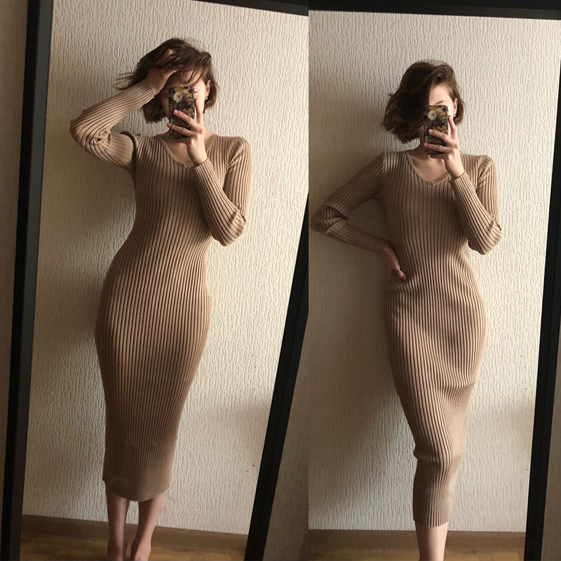 Casual Dresses Singreiny Women Autumn Knited V Neck Sexy Slim Elastic Overized Basic Bodycon tröja Vinter Knit Varm lång 220919