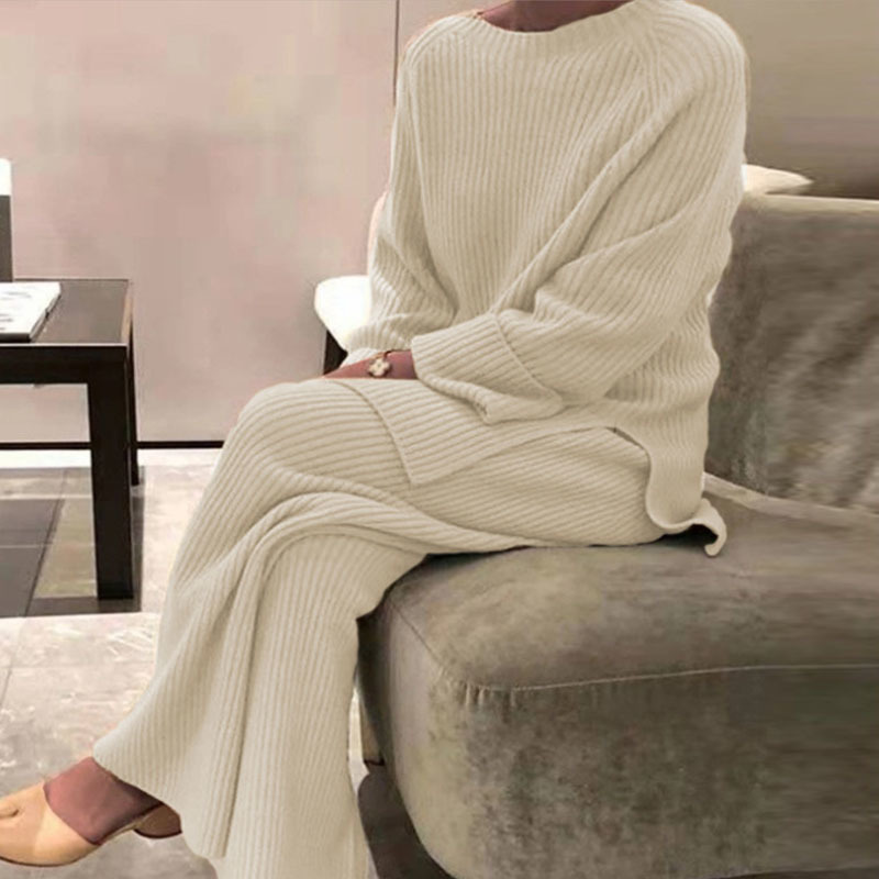 Women s Sleepwear Lady Home Suit Autumn Fashion Soft Casual O Neck Pullover Tops Knitted Pant Homewear Pajama Winter Solid Women Two Piece Set 220920