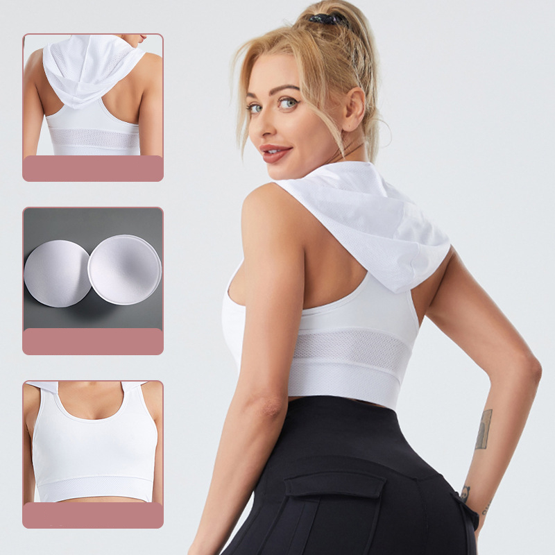 Trendy fitness lopende tanktops met capuchon voor vrouwen gym yoga snel droge sport mouwloze ingebouwde borstkussen vest t-shirts 20W104