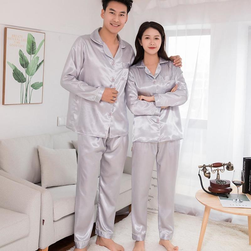 Vêtements de nuit pour hommes Satin de soie Hommes Femmes Pyjamas Ensemble Vêtements de nuit Couple Couleur unie Costume à manches longues Casual TwoPiece Pyjama Élastique Homewear 220920