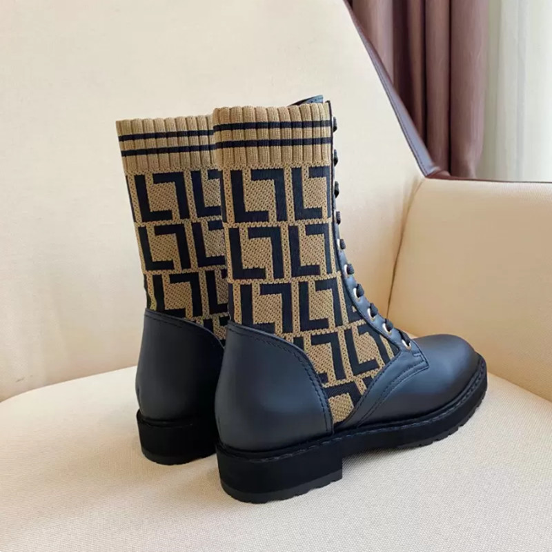 Botas da moda outono inverno meias de malha marrom rasas tornozelo jacquard malha elástica com cadarço botas de combate de couro femininas designer de luxo fábrica trabalho casual plus size