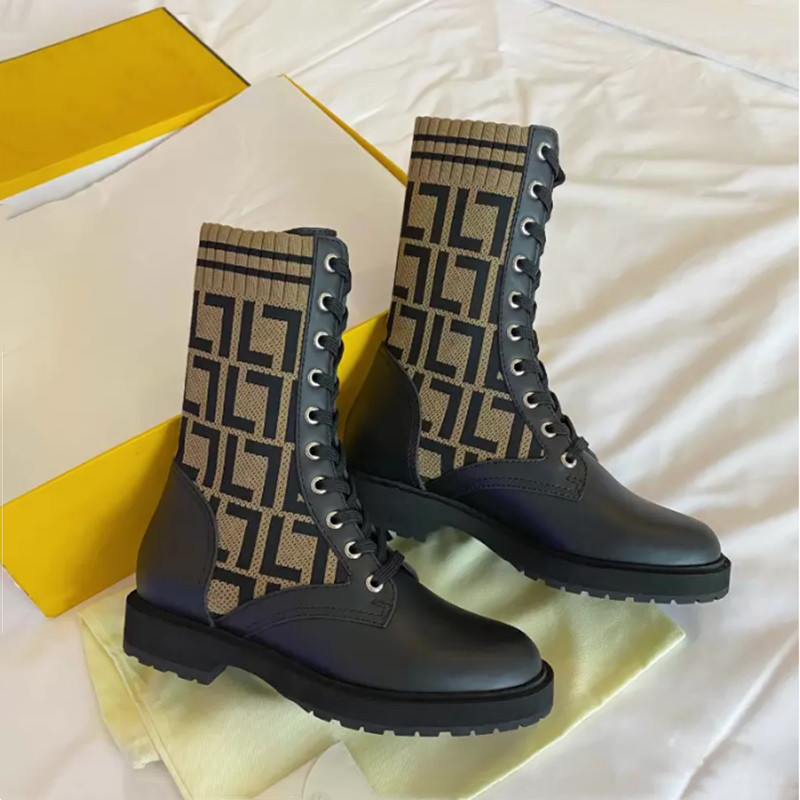 Botas da moda outono inverno meias de malha marrom rasas tornozelo jacquard malha elástica com cadarço botas de combate de couro femininas designer de luxo fábrica trabalho casual plus size